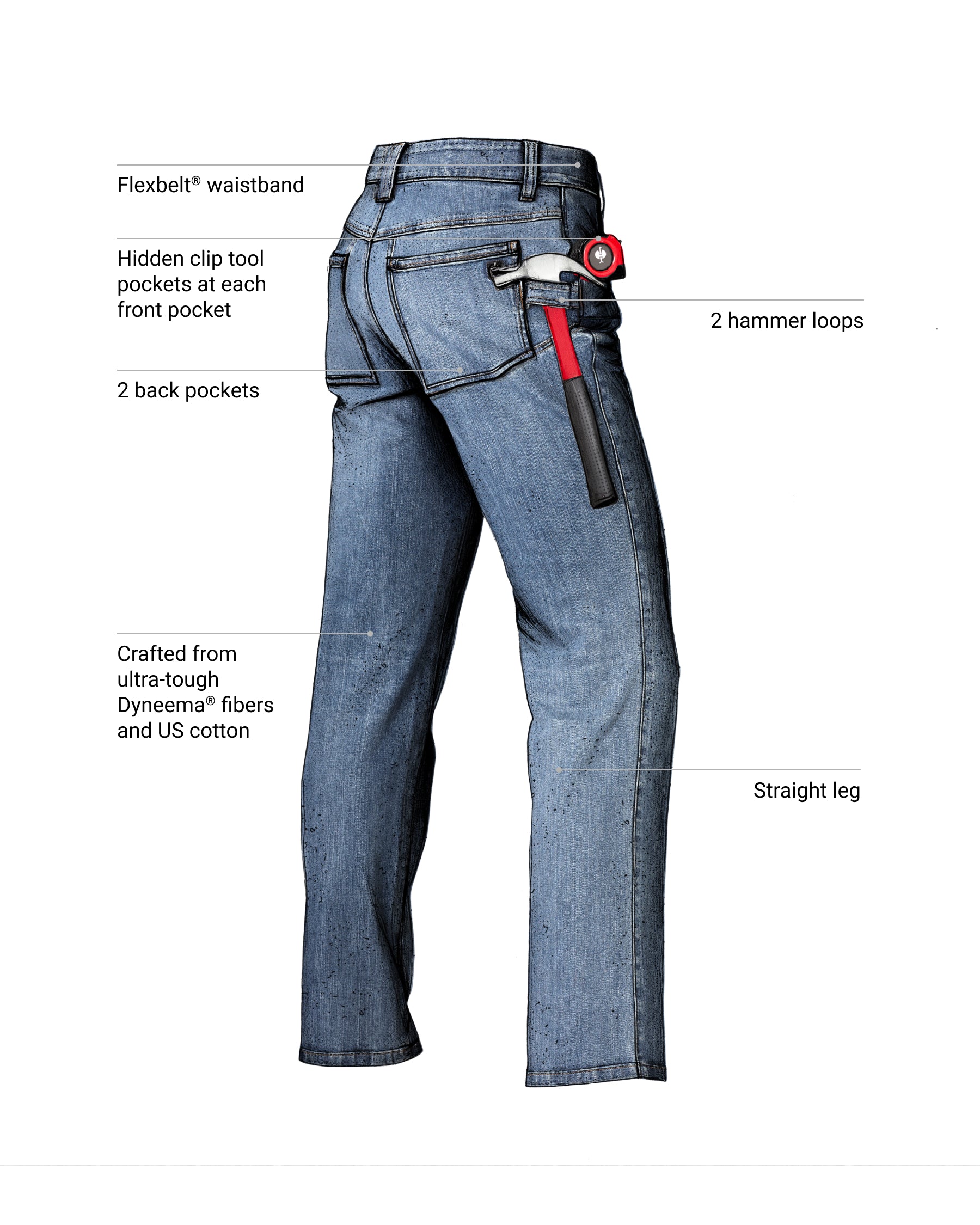 Feature view of Power Denim 5-Pocket Jeans in stonewashed, showing denim and pocket details