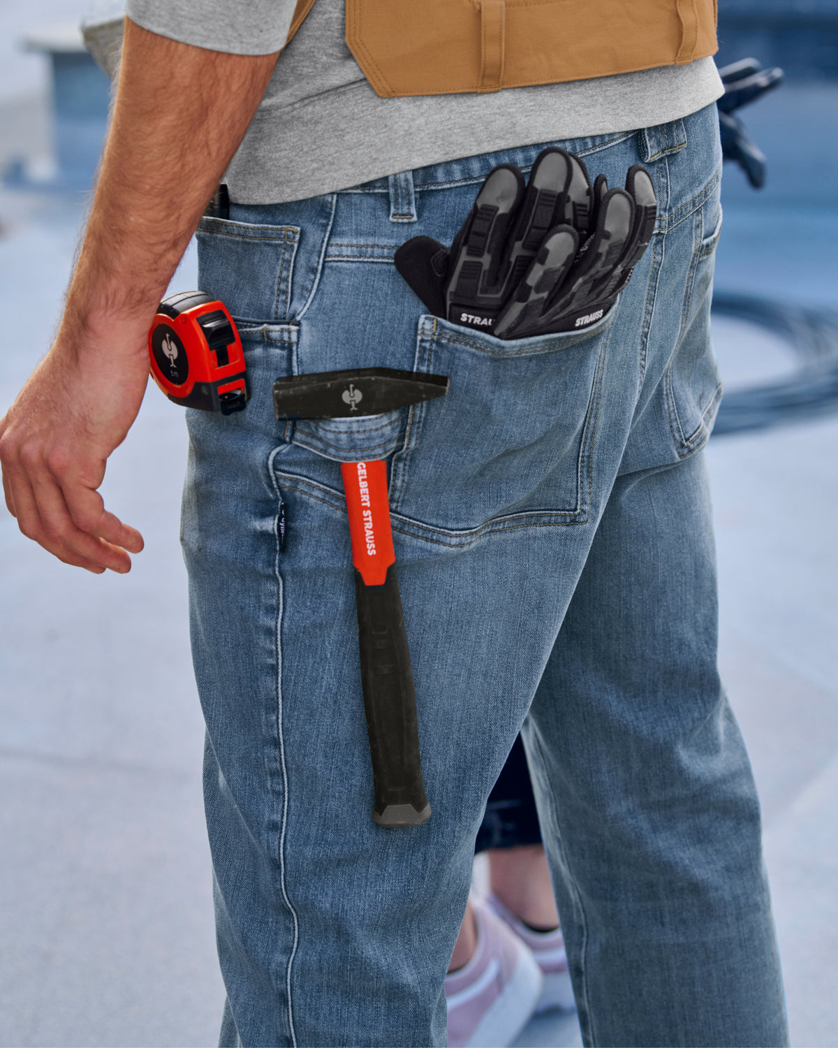 Power Denim 5-Pocket Jeans in stonewashed shown in an outdoor workwear setting
