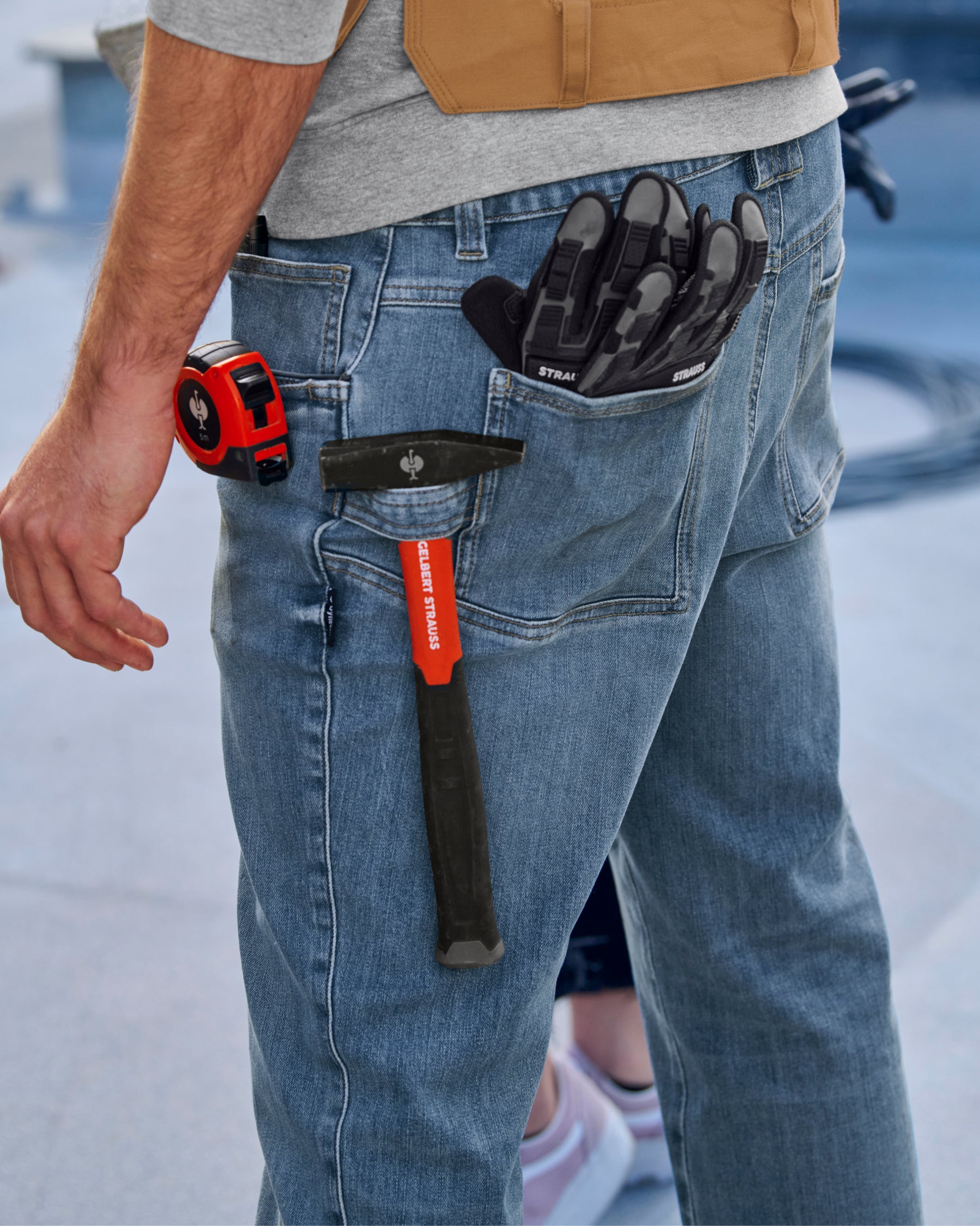 Power Denim 5-Pocket Jeans in stonewashed shown in an outdoor workwear setting