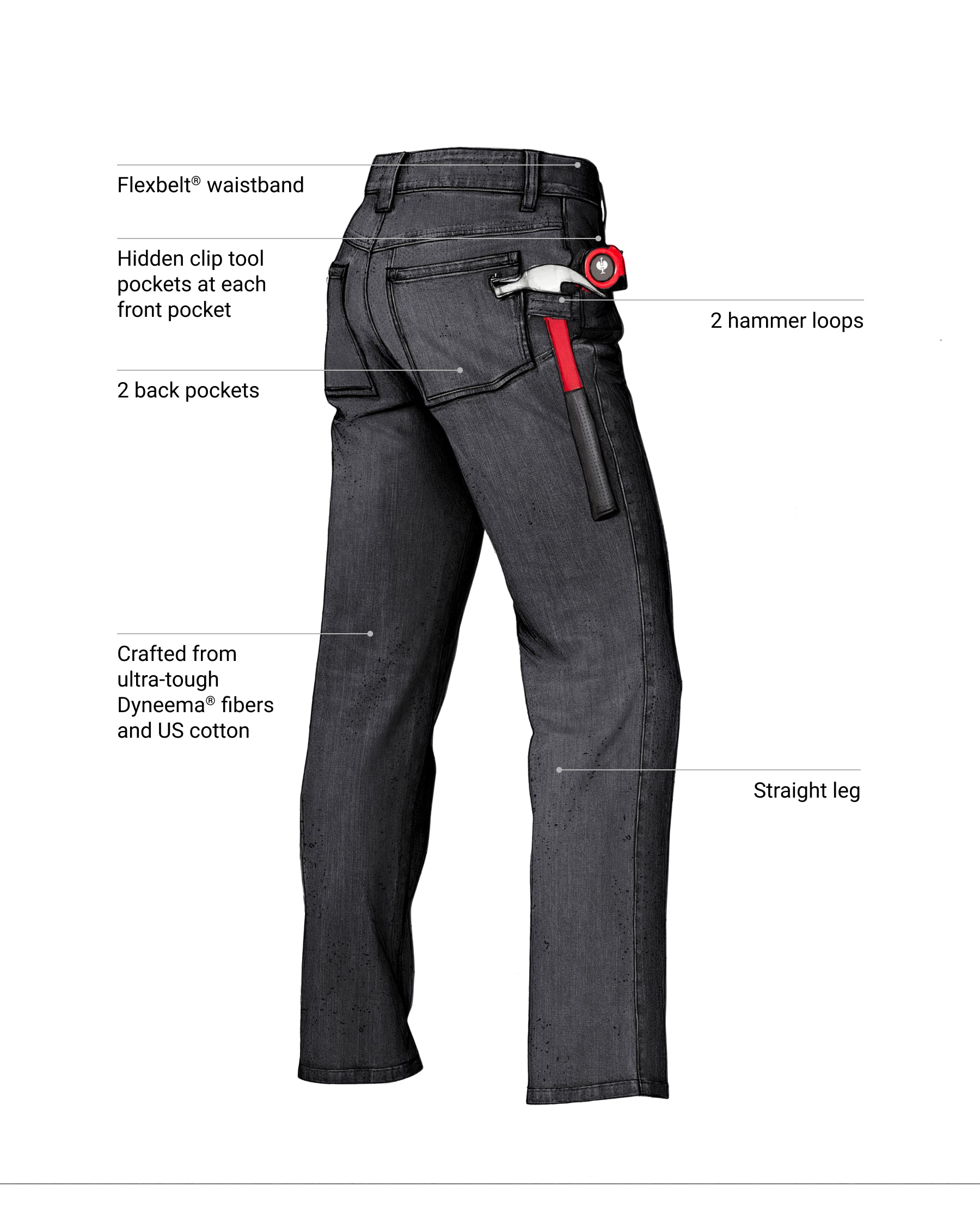 Feature view of Power Denim 5-Pocket Jeans in blackwashed, showing denim and pocket details