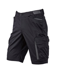Engelbert Strauss e.s. trail pure cargo work shorts in black and carbon gray, shown as a clean front product image highlighting the above-knee workwear cut, waistband, and functional pocket placement.