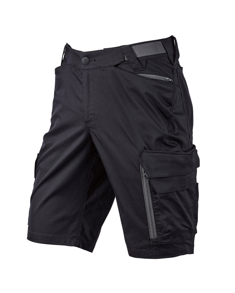 Engelbert Strauss e.s. trail pure cargo work shorts in black and carbon gray, shown as a clean front product image highlighting the above-knee workwear cut, waistband, and functional pocket placement.