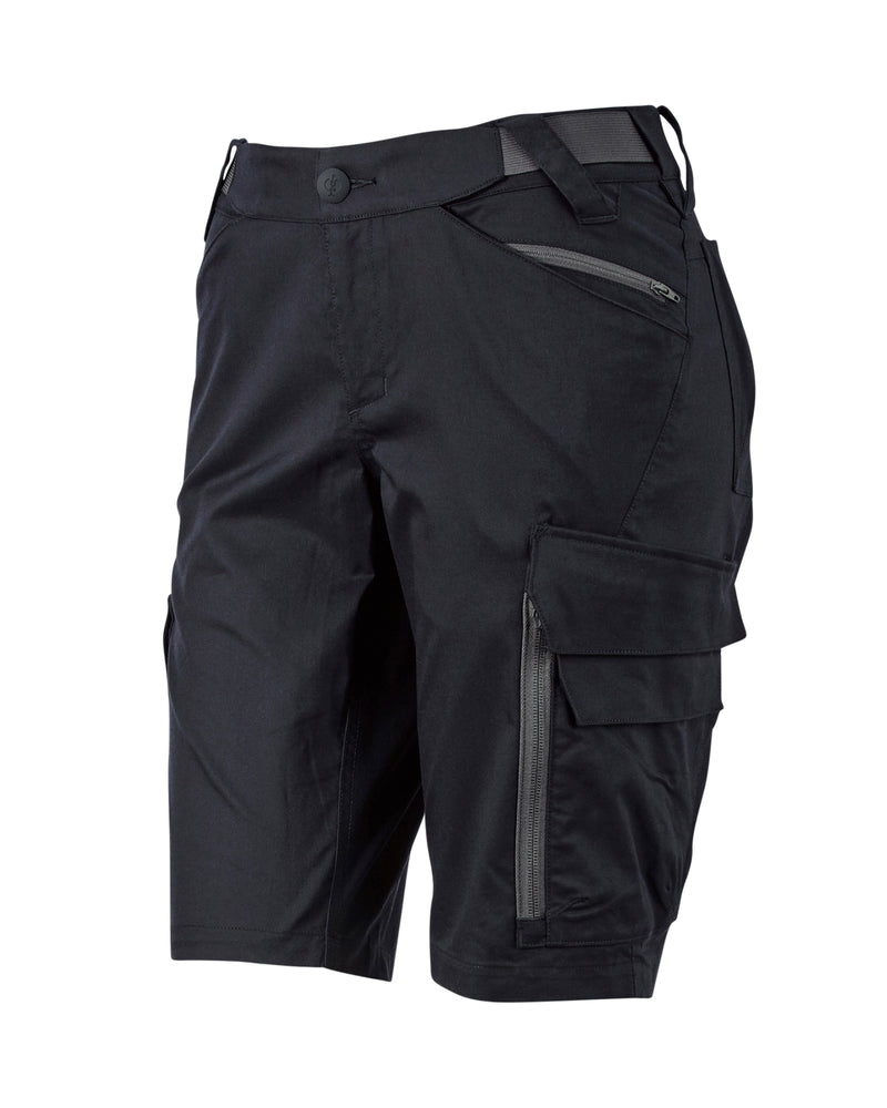 Engelbert Strauss women's e.s. trail pure cargo work shorts in black and carbon gray, shown as a clean front product image highlighting the above-knee workwear cut, waistband, and functional pocket placement.