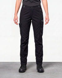 Women's Cargo Work Pants e.s.trail pure in black/carbon gray worn by a model, front view