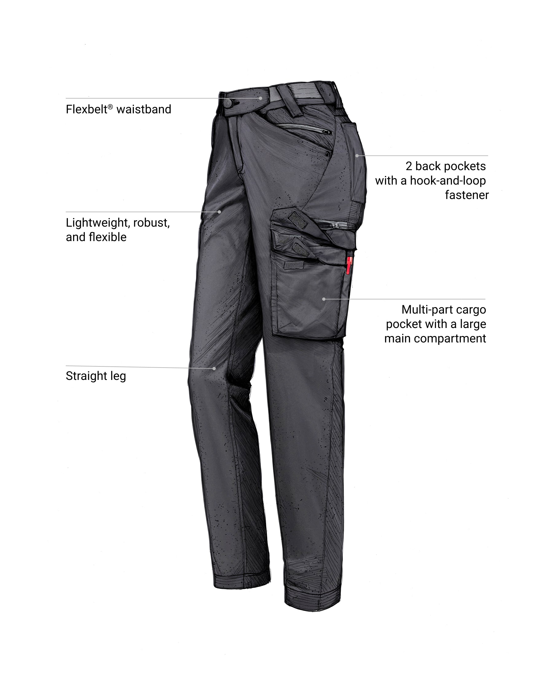 Feature view of Women's Cargo Work Pants e.s.trail pure in black/carbon gray, showing cargo pocket details
