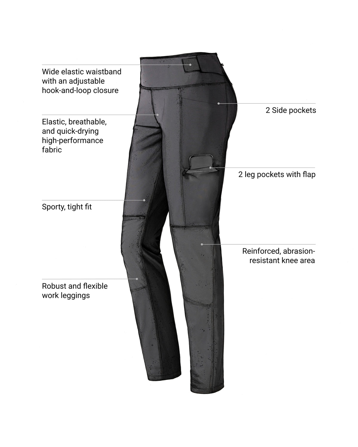 Feature view of Women's Functional Leggings e.s.trail pure in black, showing stretch fabric and pocket details
