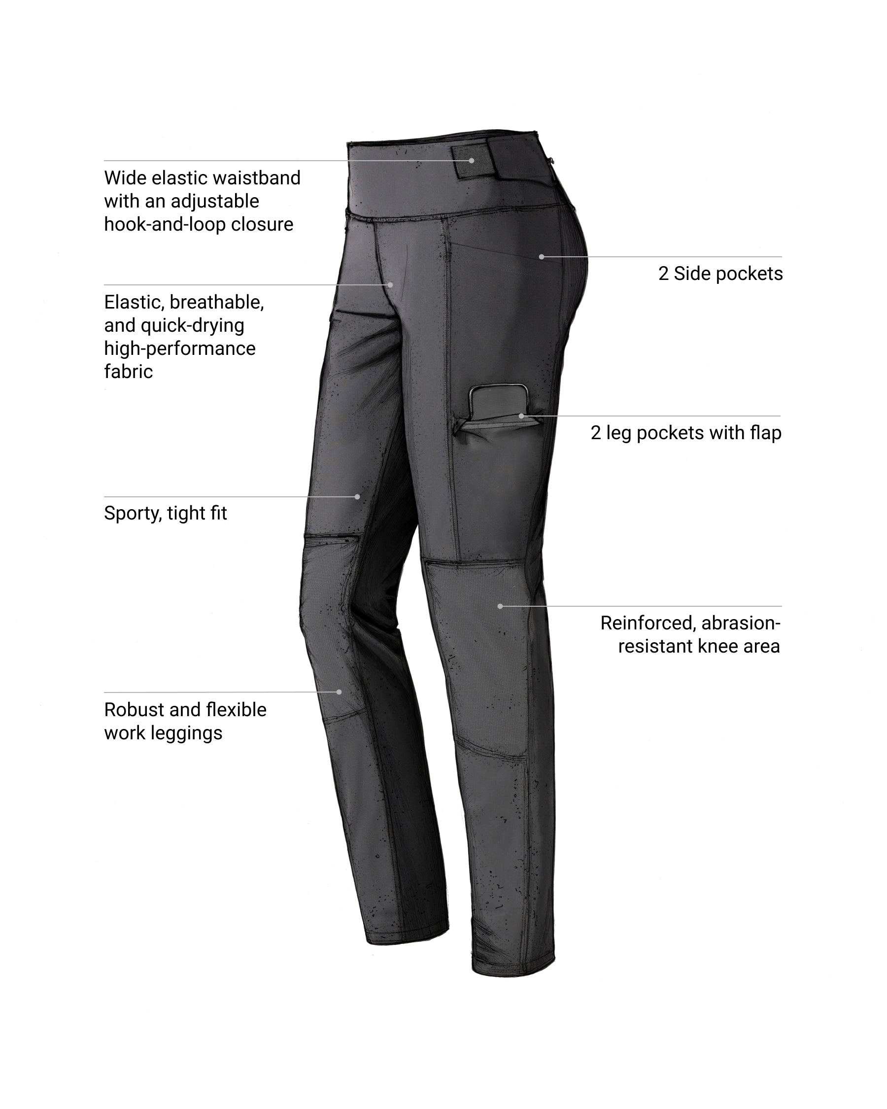 Feature view of Women's Functional Leggings e.s.trail pure in black, showing stretch fabric and pocket details