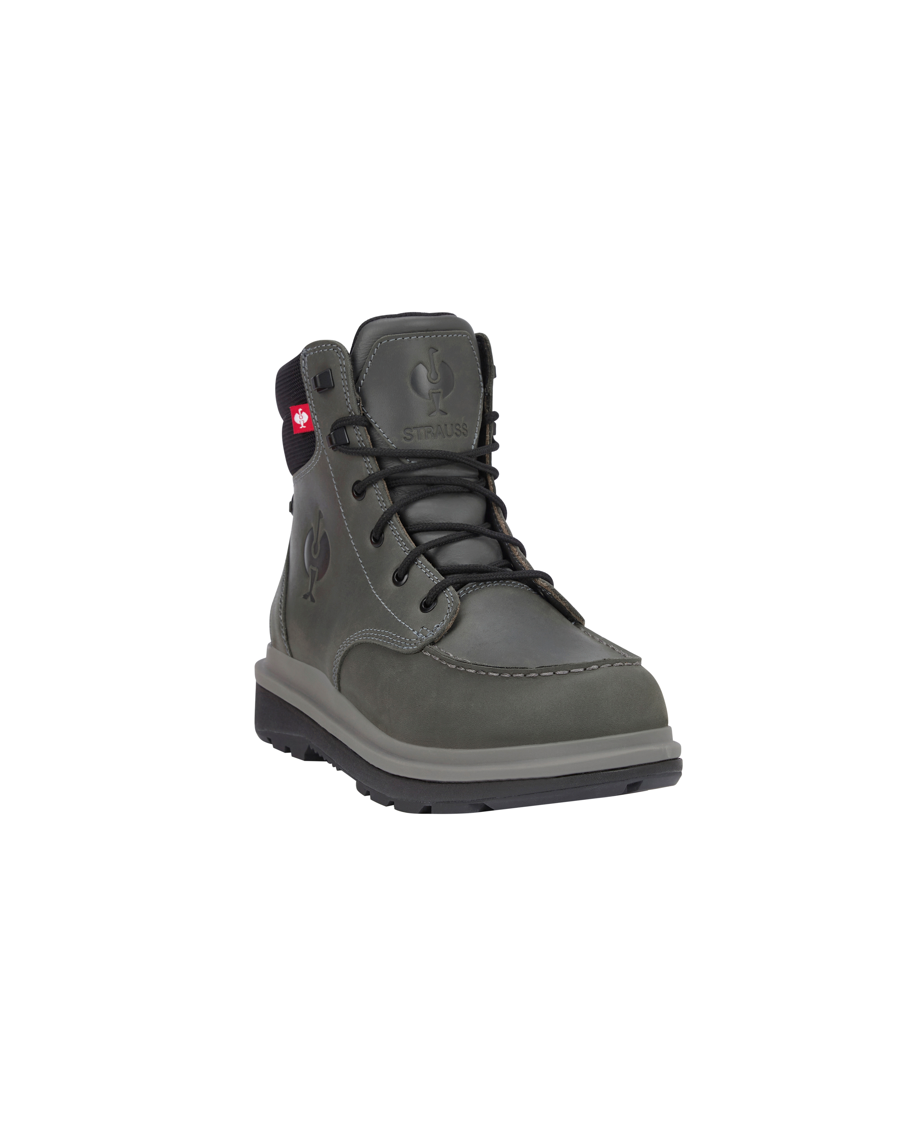 Gray boot with a visible brand logo on a white background