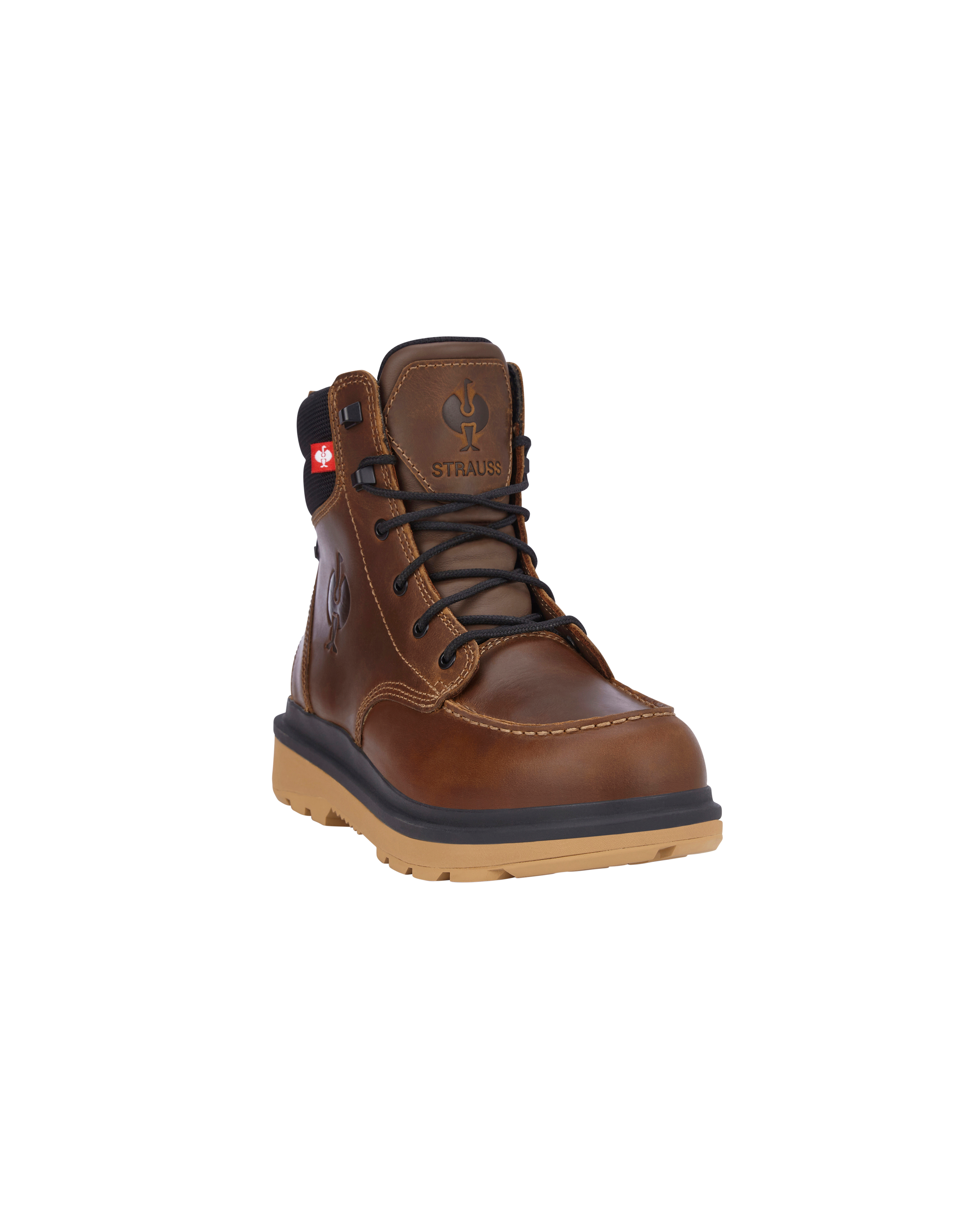 Brown work boot with black laces on a white background
