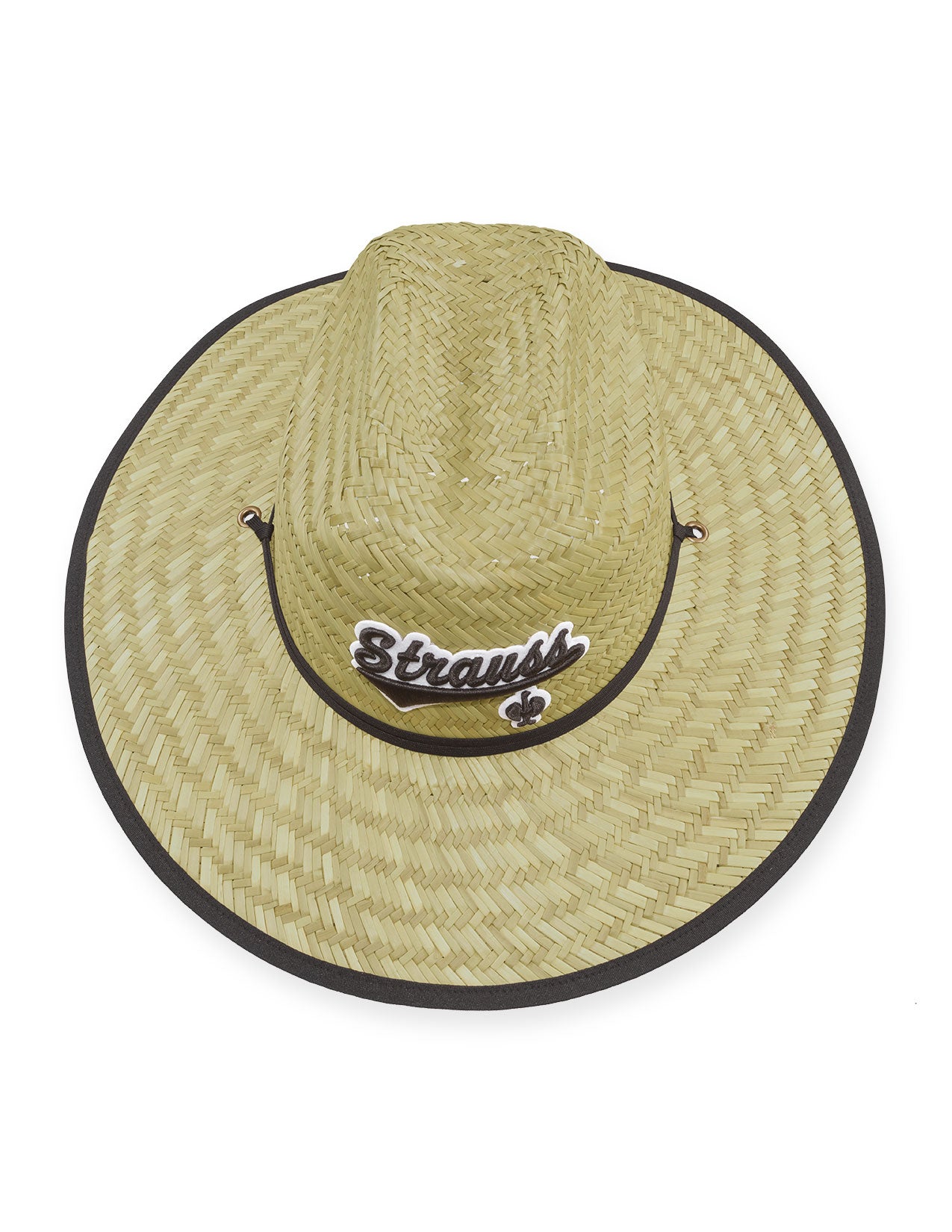 Straw hat with a black band and 'Strauss' logo on a white background