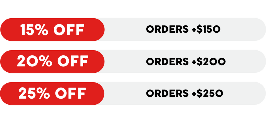 Promotional discount labels with percentages and minimum order amounts on a white background: $150 - 15%, $200 - 20%, $250 - 25%