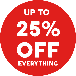 Red circle with white text 'Up to 25% Off Everything' on a white background