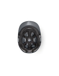 Top view of the STRAUSS Baseball Style Hard Hat in black, showcasing its interior padding and support structure along with an extended neck shell for added protection, set against a white background.