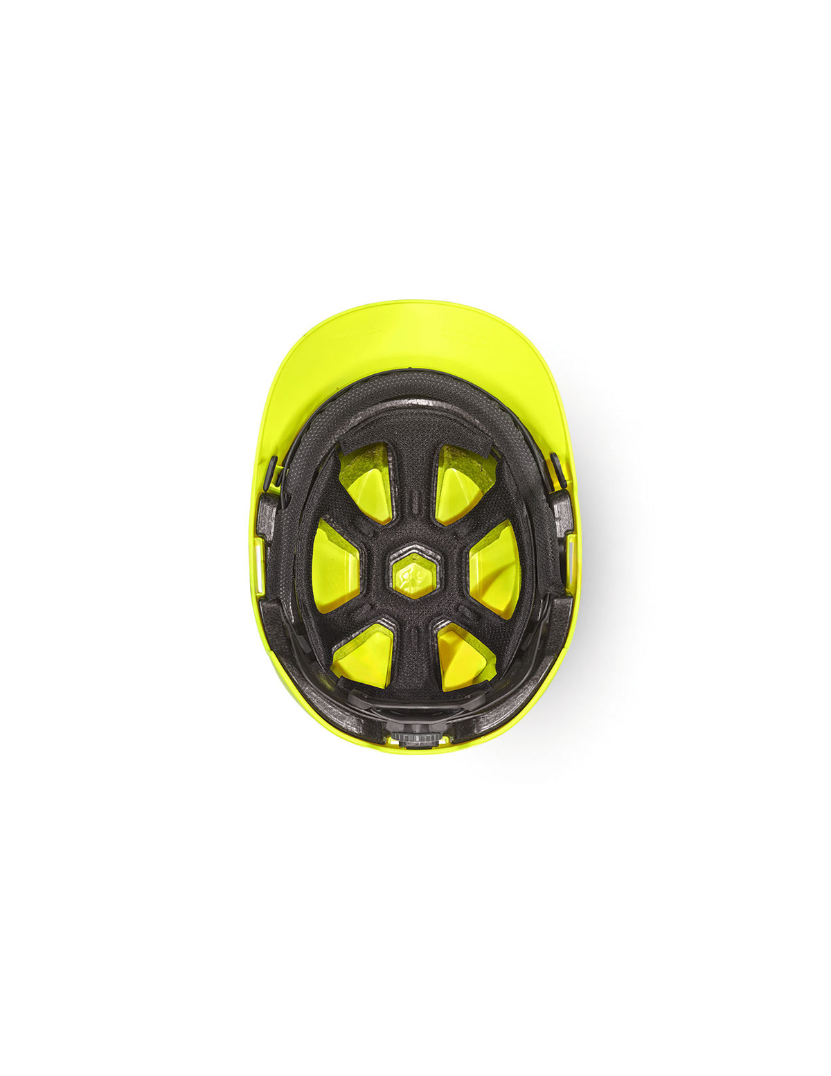 A top-down view of the STRAUSS Baseball Style Hard Hat in yellow, highlighting its black interior suspension and padding engineered for optimal impact protection, set against a plain white background.