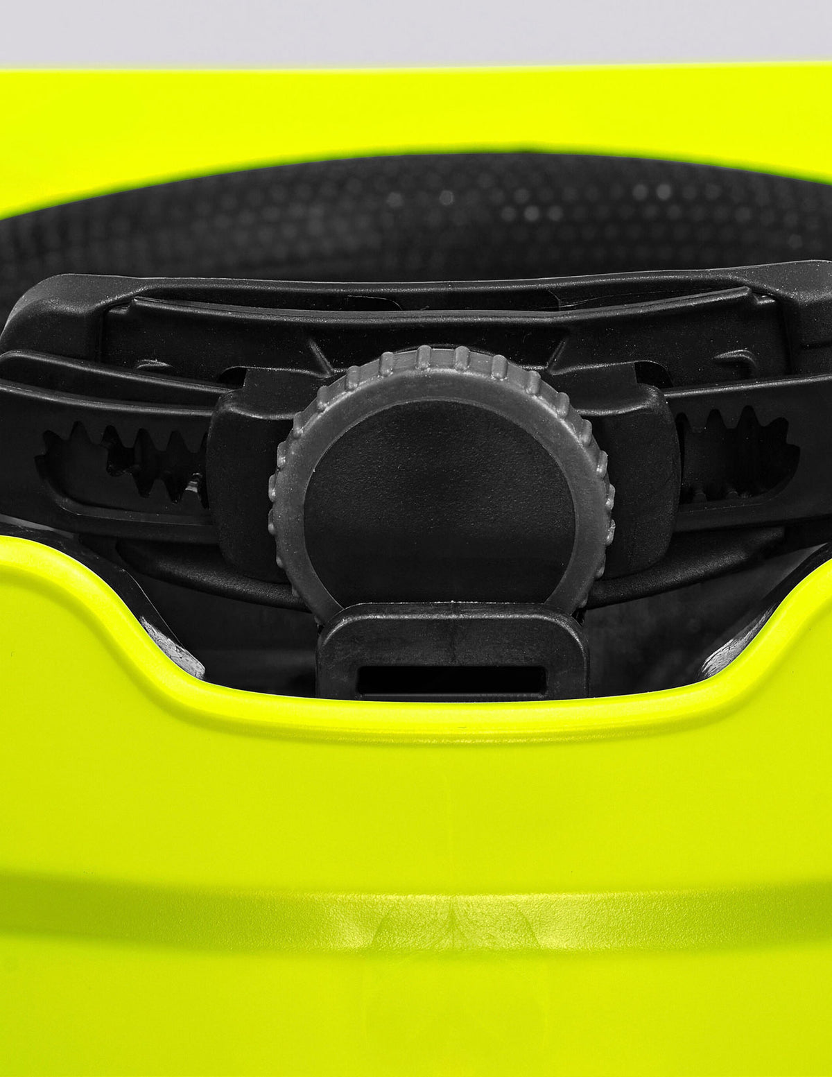 Close-up of the STRAUSS Baseball Style Hard Hat in bright yellow, featuring an adjustable black dial and ratchet system, with a headband, internal support structure, and extended neck shell for enhanced impact protection.