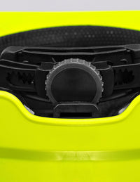 Close-up of the STRAUSS Baseball Style Hard Hat in bright yellow, featuring an adjustable black dial and ratchet system, with a headband, internal support structure, and extended neck shell for enhanced impact protection.