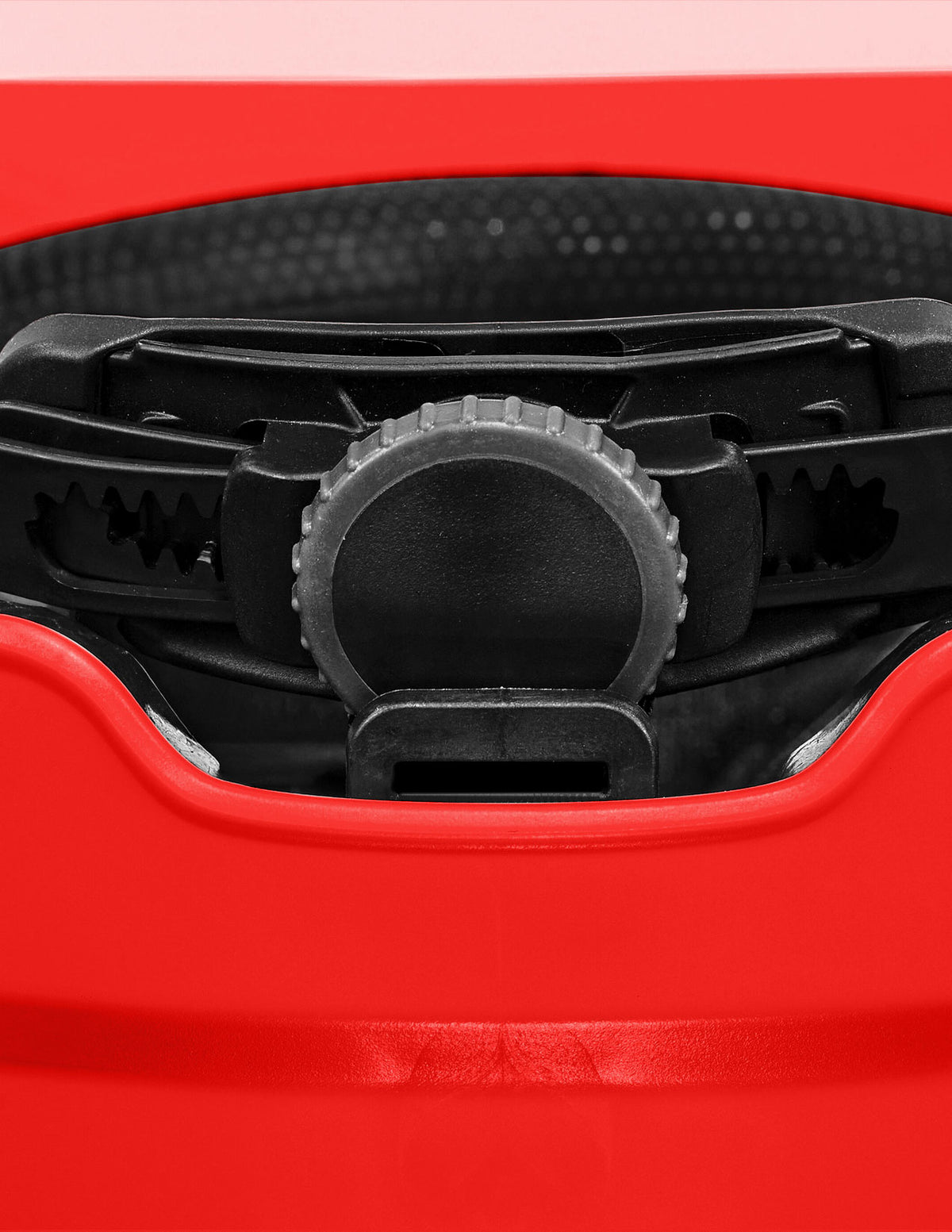 Close-up of the STRAUSS Baseball Style Hard Hat’s red adjustment dial, highlighting the black plastic knob and inner mechanism for customizing the fit. The extended neck shell design provides increased coverage and added impact protection for enhanced safety.