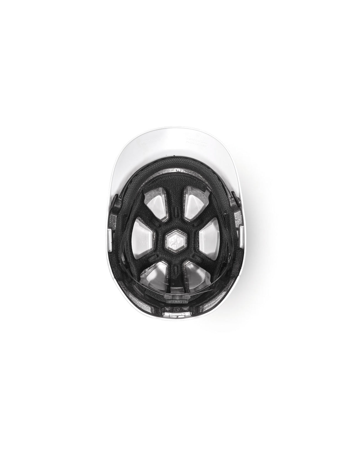 Top view of a white STRAUSS Baseball Style Hard Hat featuring an extended neck shell for added impact protection, showing the black interior padding and ventilation channels, positioned against a plain white background.