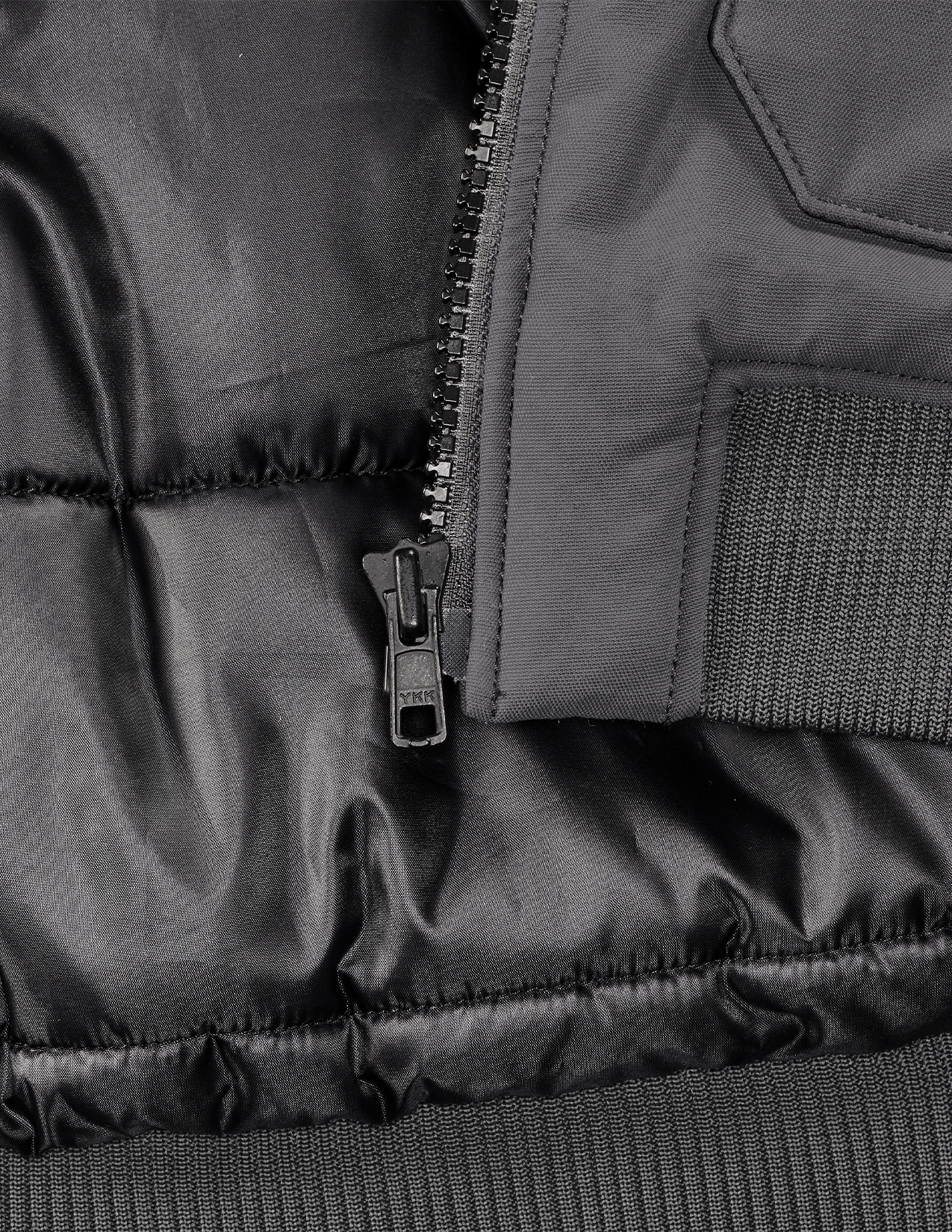 Close-up of a gray jacket with a zipper and textured fabric
