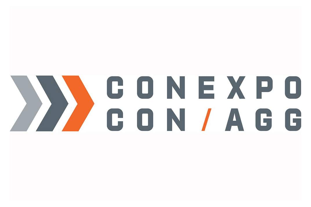 Logo of CONEXPO CON/AGG with gray and orange arrows on a white background