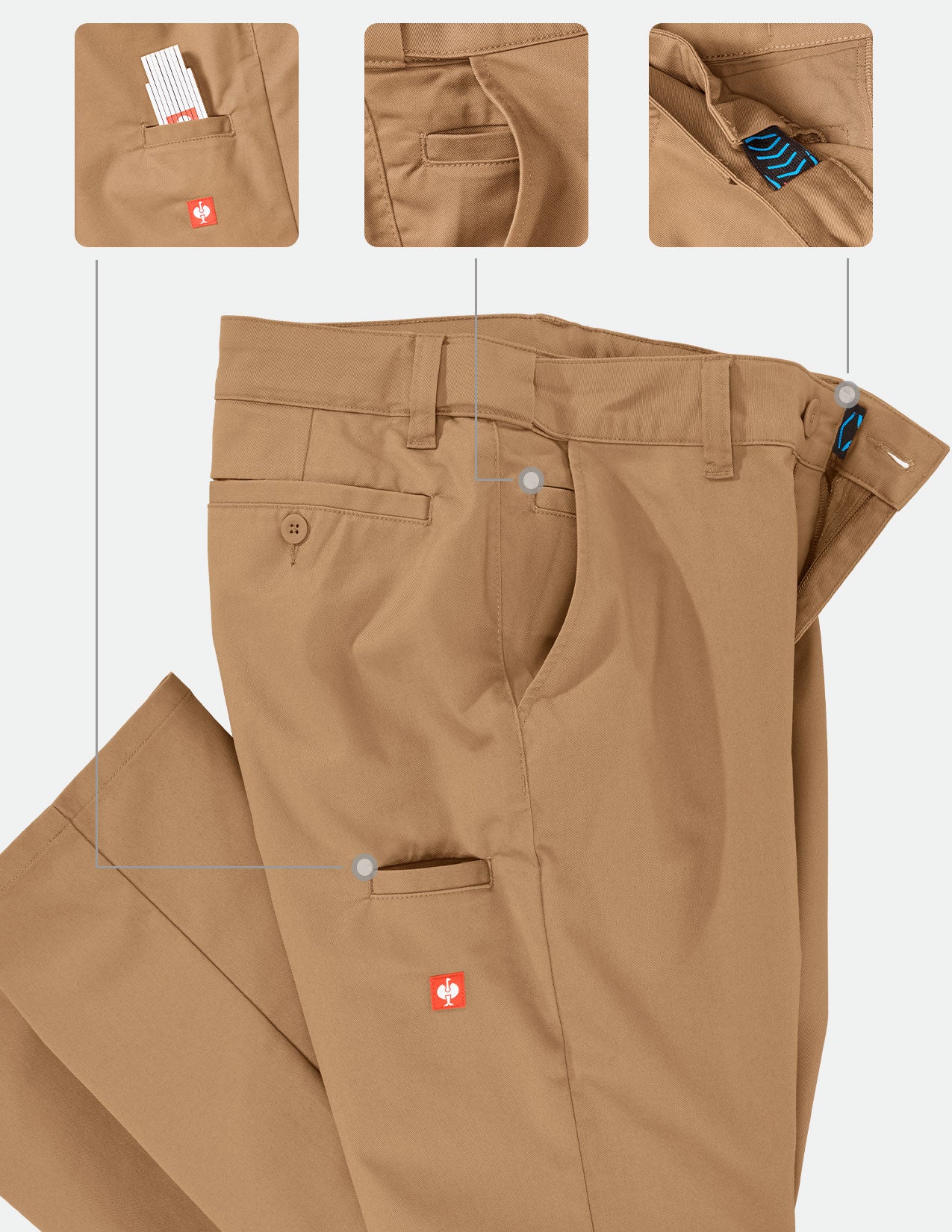 Brown pants with a brand logo on a white background
