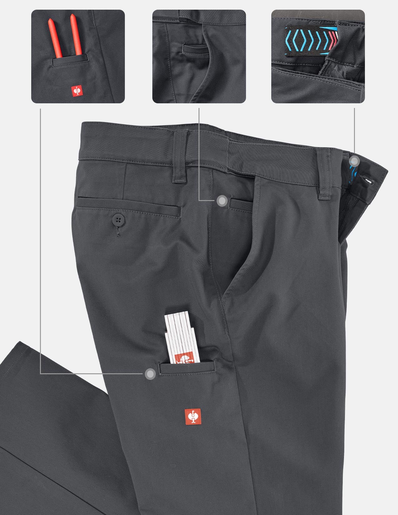 Gray pants with multiple pockets and features highlighted on a light gray background