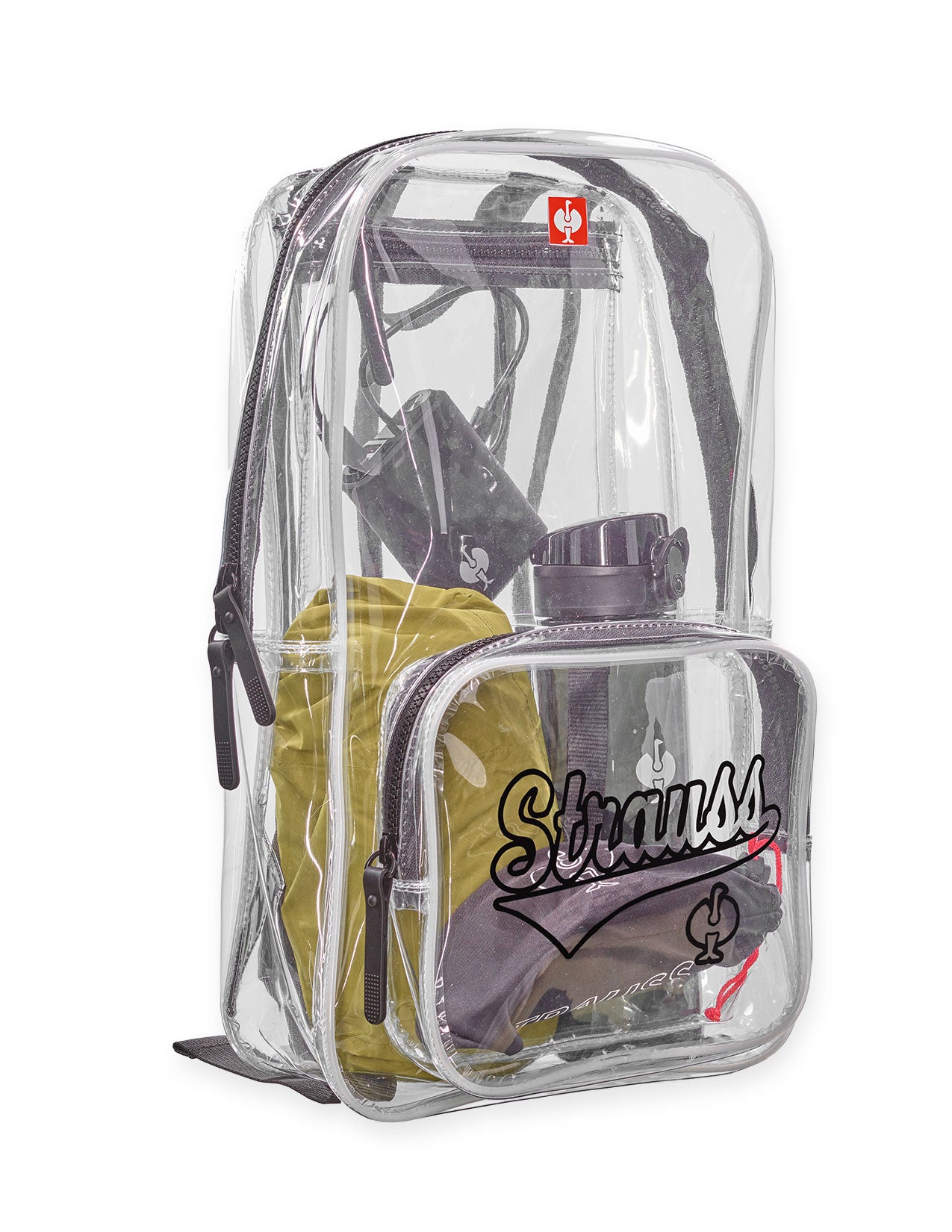 Clear backpack with visible contents including a yellow and a black items,  on a white background.
