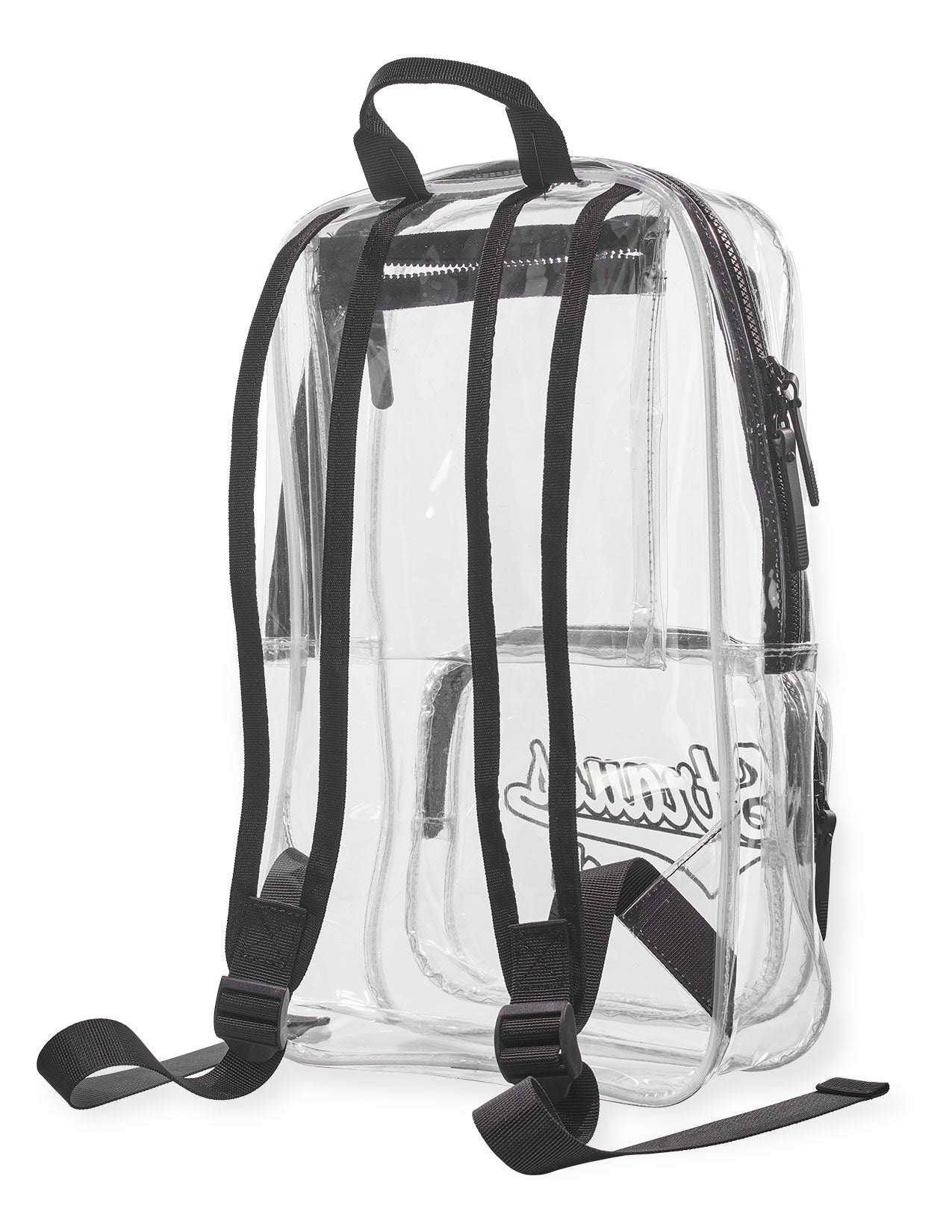 Clear backpack with black straps on a white background.