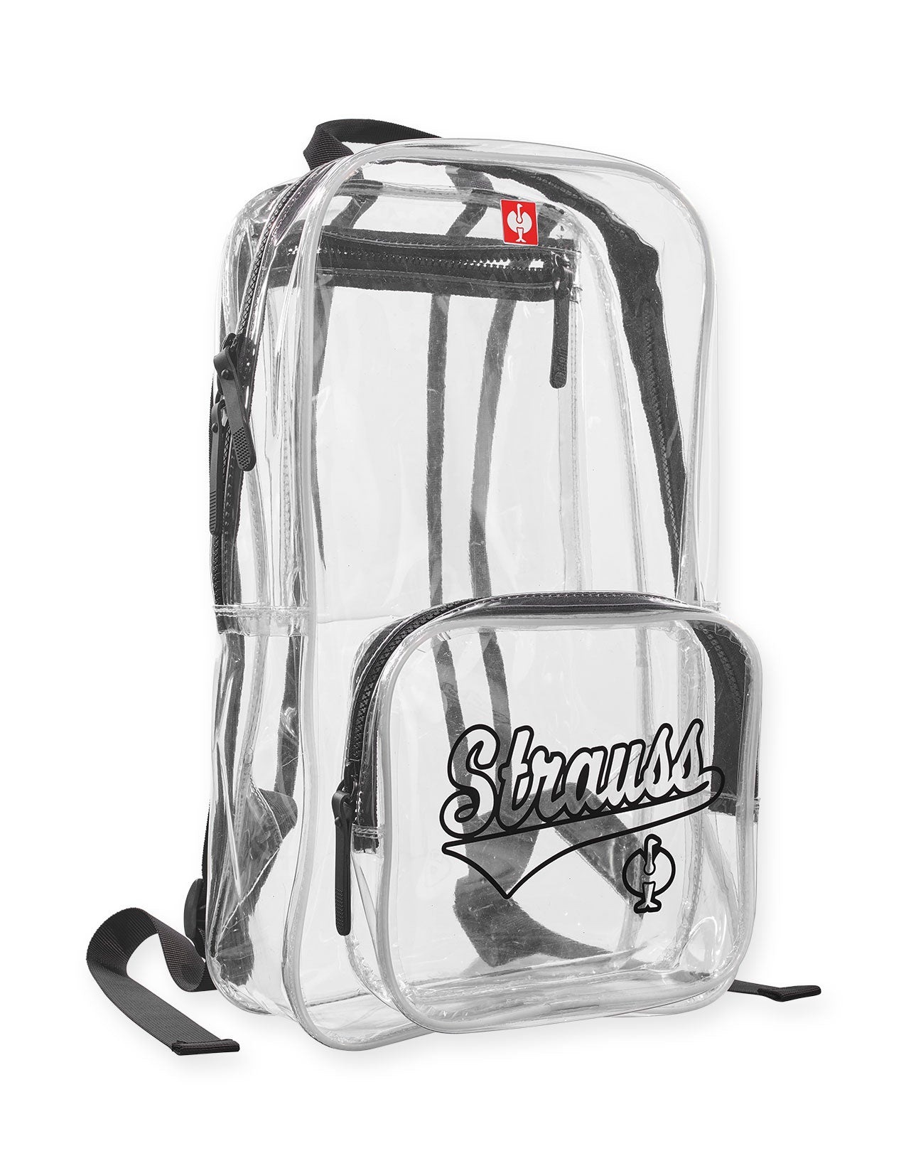 Clear backpack with black straps and 'Strauss' logo on a white background.