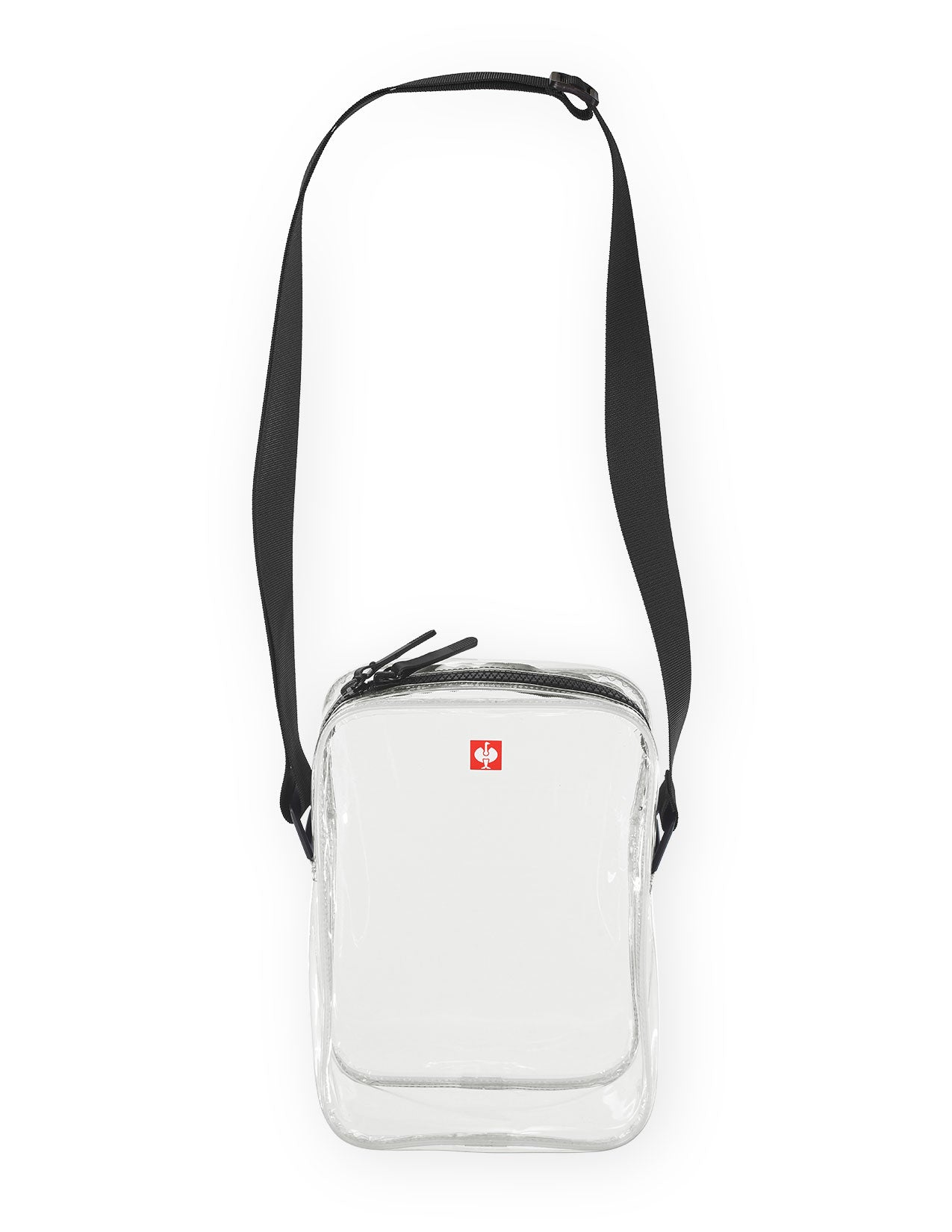 Clear crossbody bag with a black strap on a white background
