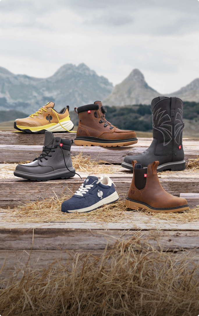Six pairs of STRAUSS boots and shoes are displayed on rustic wooden steps outdoors with dry grass and mountains in the background. The collection includes various styles: a yellow and black sneaker, a brown lace-up boot, a black western-style boot, a navy blue sneaker, a brown Chelsea-style boot, and a black mid-calf boot.