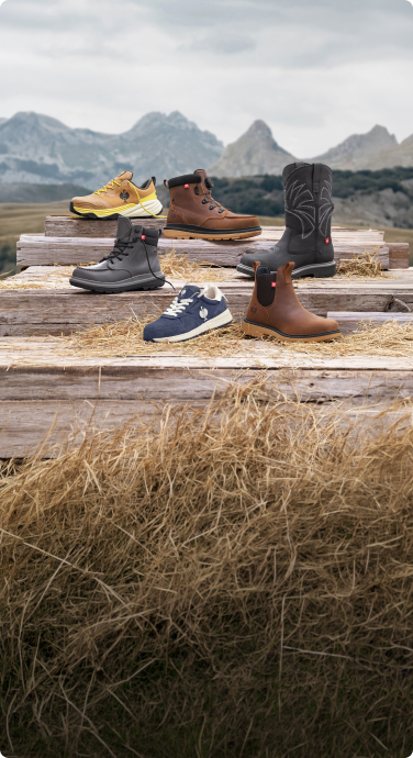 Six pairs of STRAUSS boots and shoes are displayed on rustic wooden steps outdoors with dry grass and mountains in the background. The collection includes various styles: a yellow and black sneaker, a brown lace-up boot, a black western-style boot, a navy blue sneaker, a brown Chelsea-style boot, and a black mid-calf boot.