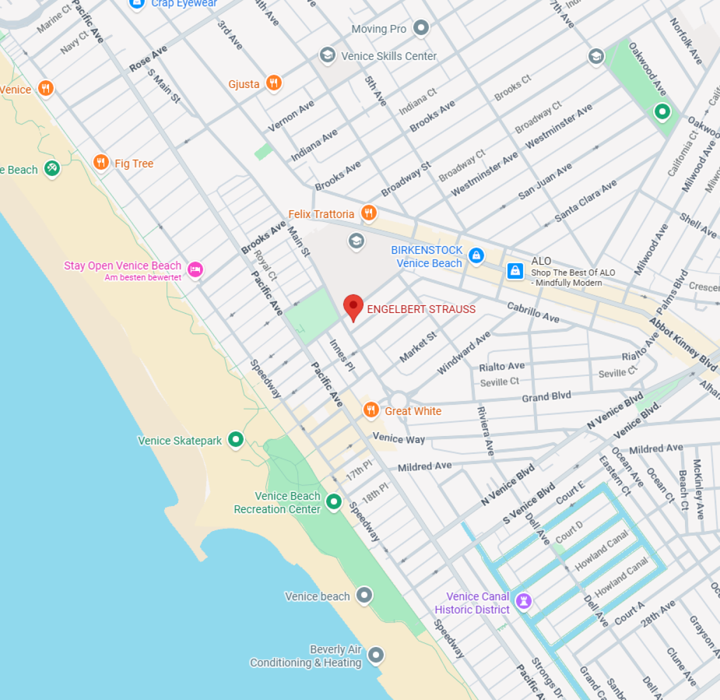 Map showing Venice Beach, California, with markers for locations like Engelbert Strauss, Great White, Venice Beach Recreation Center, and nearby streets and businesses. The beach and ocean are on the left.