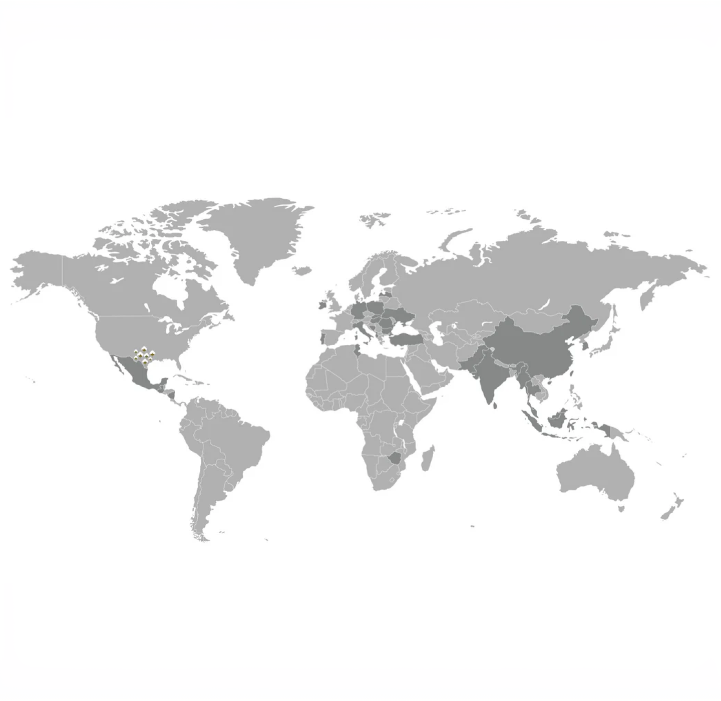 A world map highlighting select countries in darker shades, including the U.S., China, India, Russia, and Brazil, among others; most countries are shown in light gray. No labels or legends are visible.