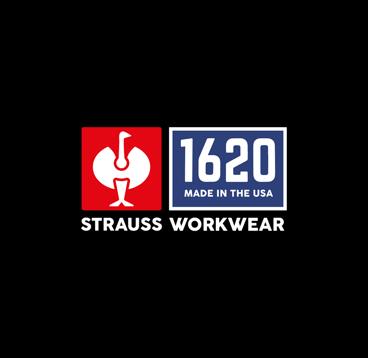 Strauss Workwear logo with a white goose in a red square next to a blue rectangle displaying 1620 MADE IN THE USA on a black background.