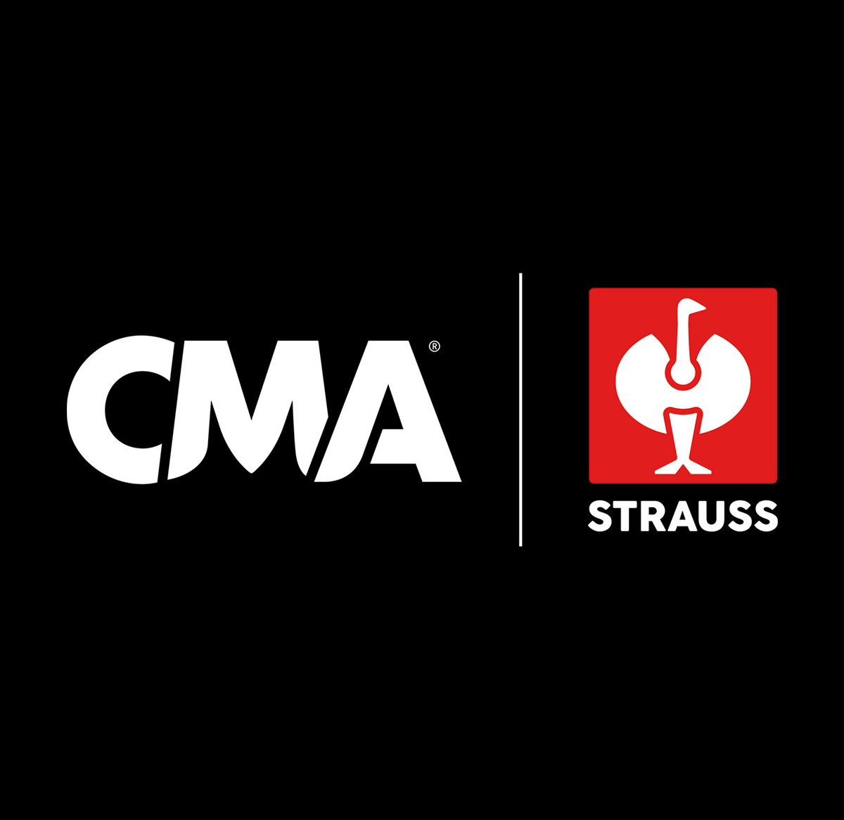 CMA logo in white next to a red Strauss logo featuring a stylized ostrich and the word STRAUSS below, all on a black background.