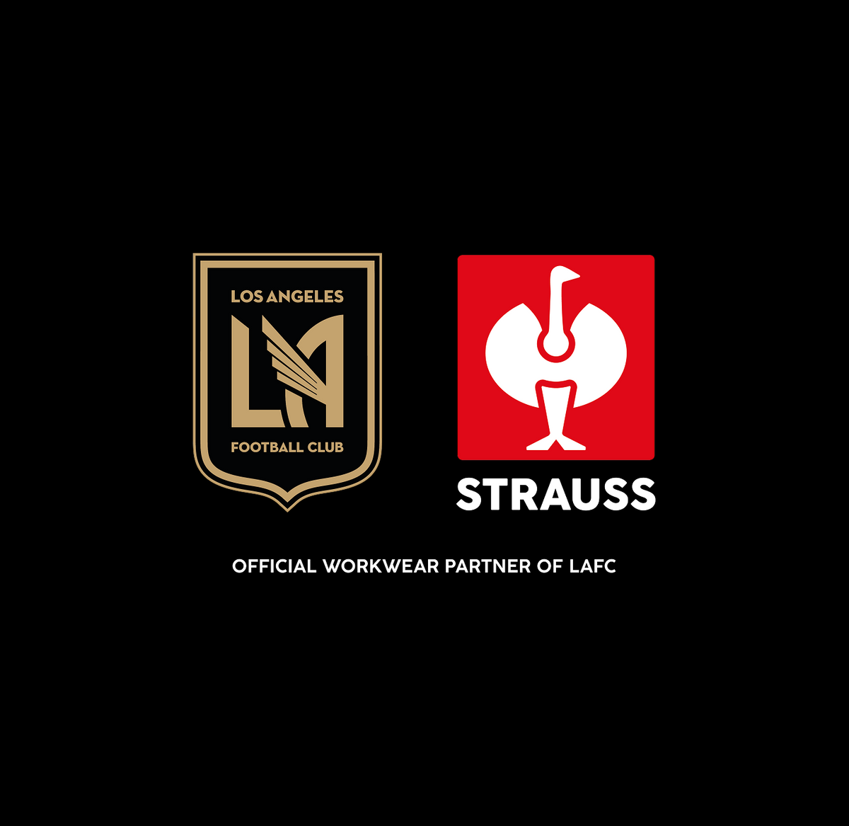 LAFC logo next to the Strauss logo, with text below reading OFFICIAL WORKWEAR PARTNER OF LAFC on a black background.