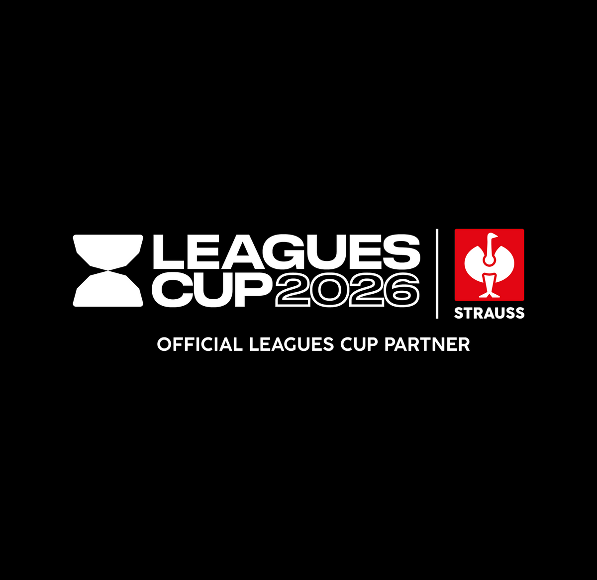 Official Leagues Cup 2026 partner branding on a black background, featuring a white hourglass icon, the text 'LEAGUES CUP 2026' and 'OFFICIAL LEAGUES CUP PARTNER', and the red and white Strauss logo.