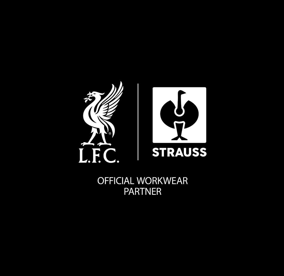 Liverpool FC and Strauss logos side by side on a black background, with text below reading Official Workwear Partner..