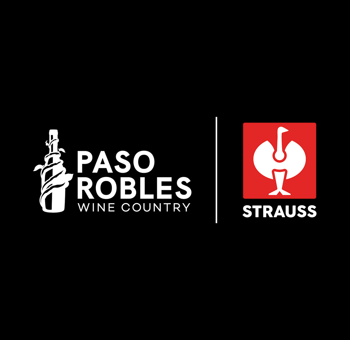 Logo with a stylized wine bottle and vines, reads Paso Robles Wine Country. Next to it, a red square with a white silhouette of a bird and the word Strauss underneath. Black background.