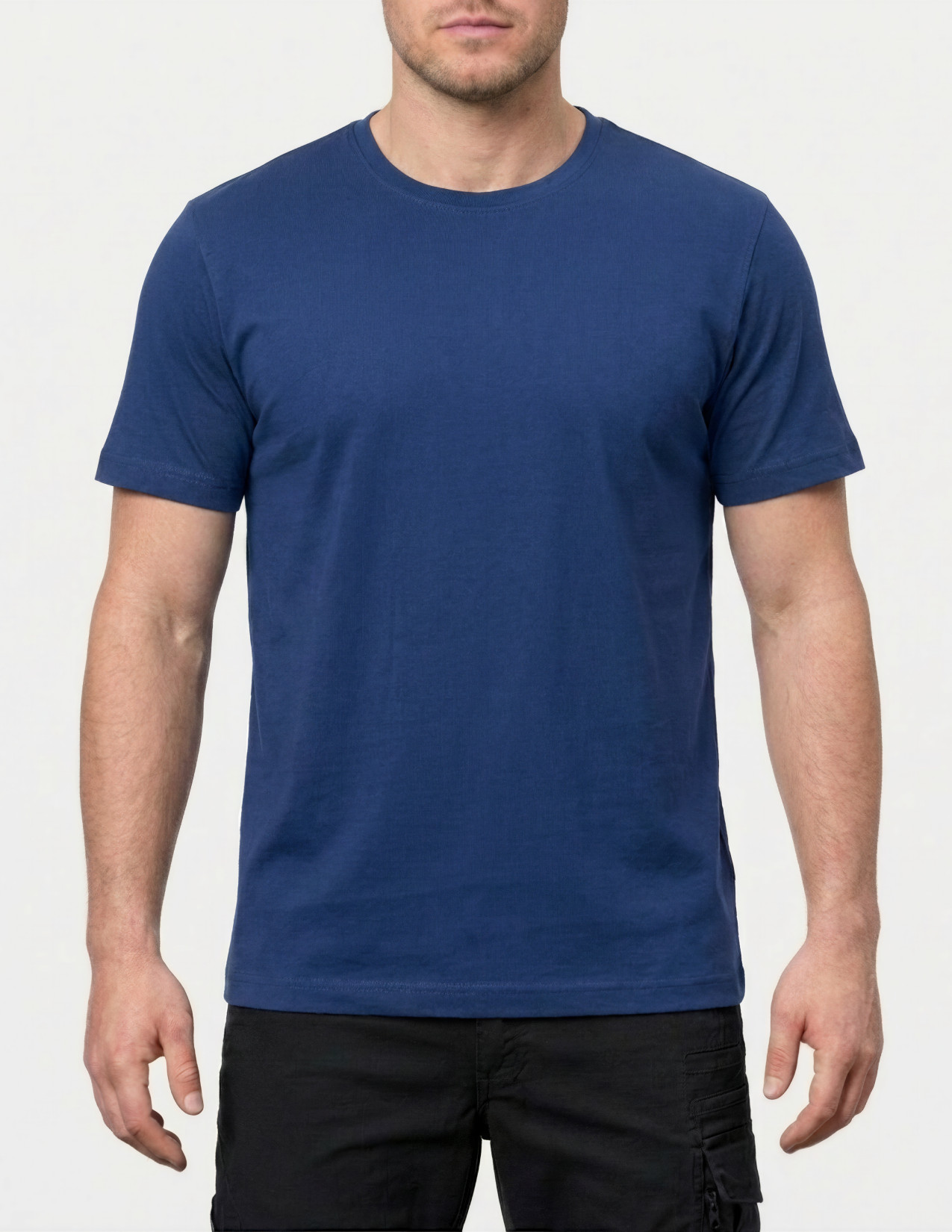 Man wearing a blue t-shirt on a white background