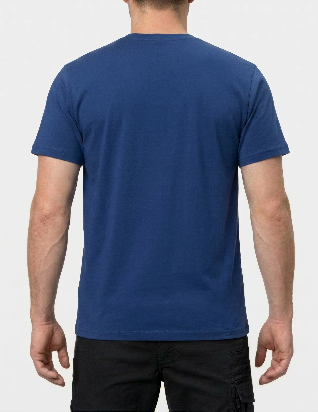 Person wearing a blue t-shirt on a white background
