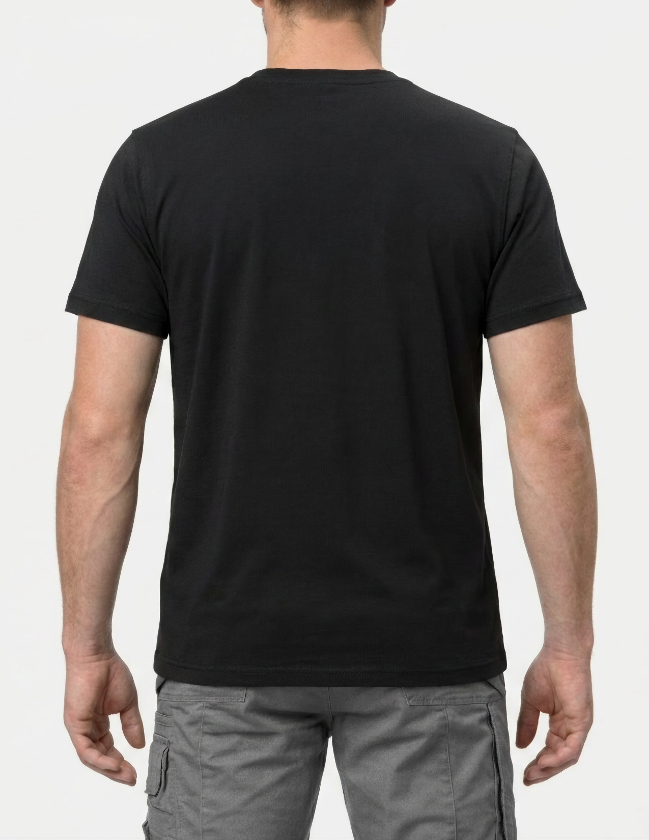 Person wearing a black t-shirt on a white background