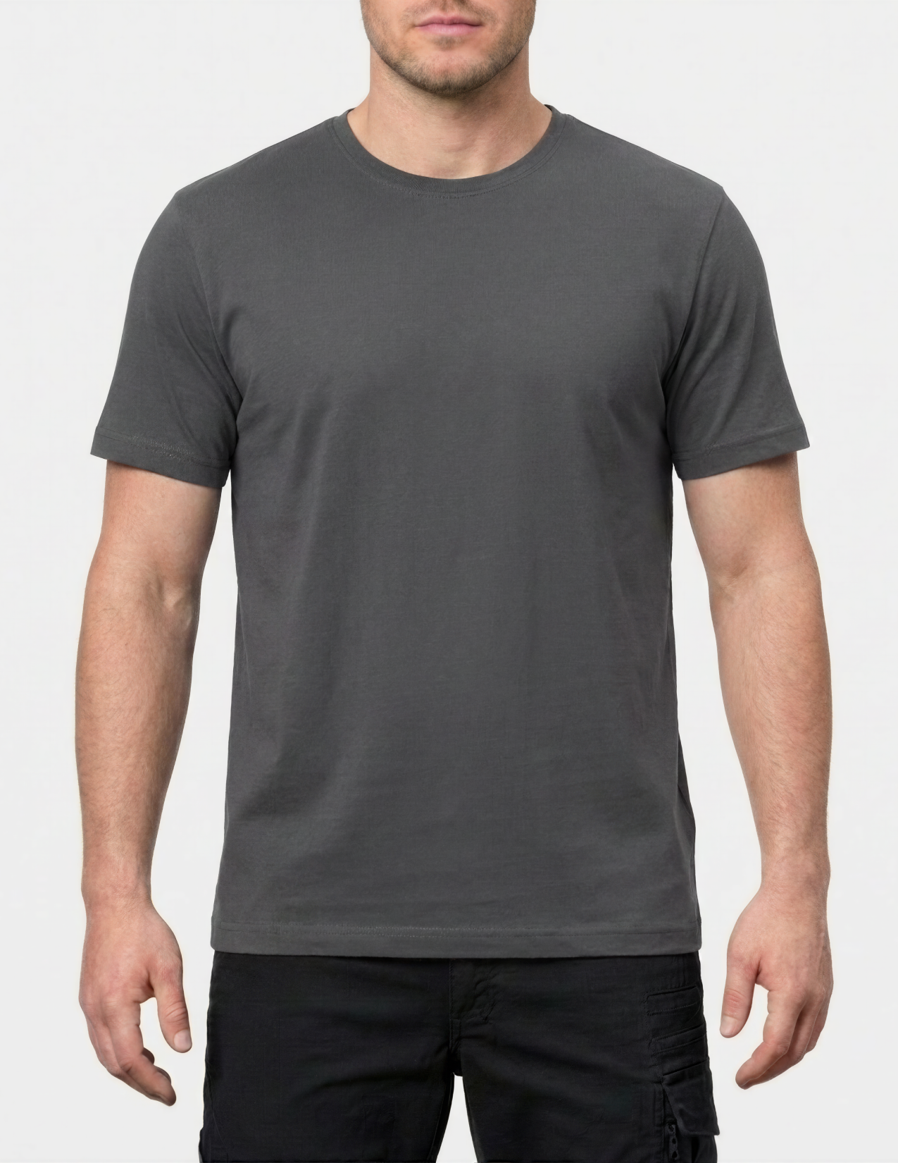 Man wearing a gray t-shirt on a white background