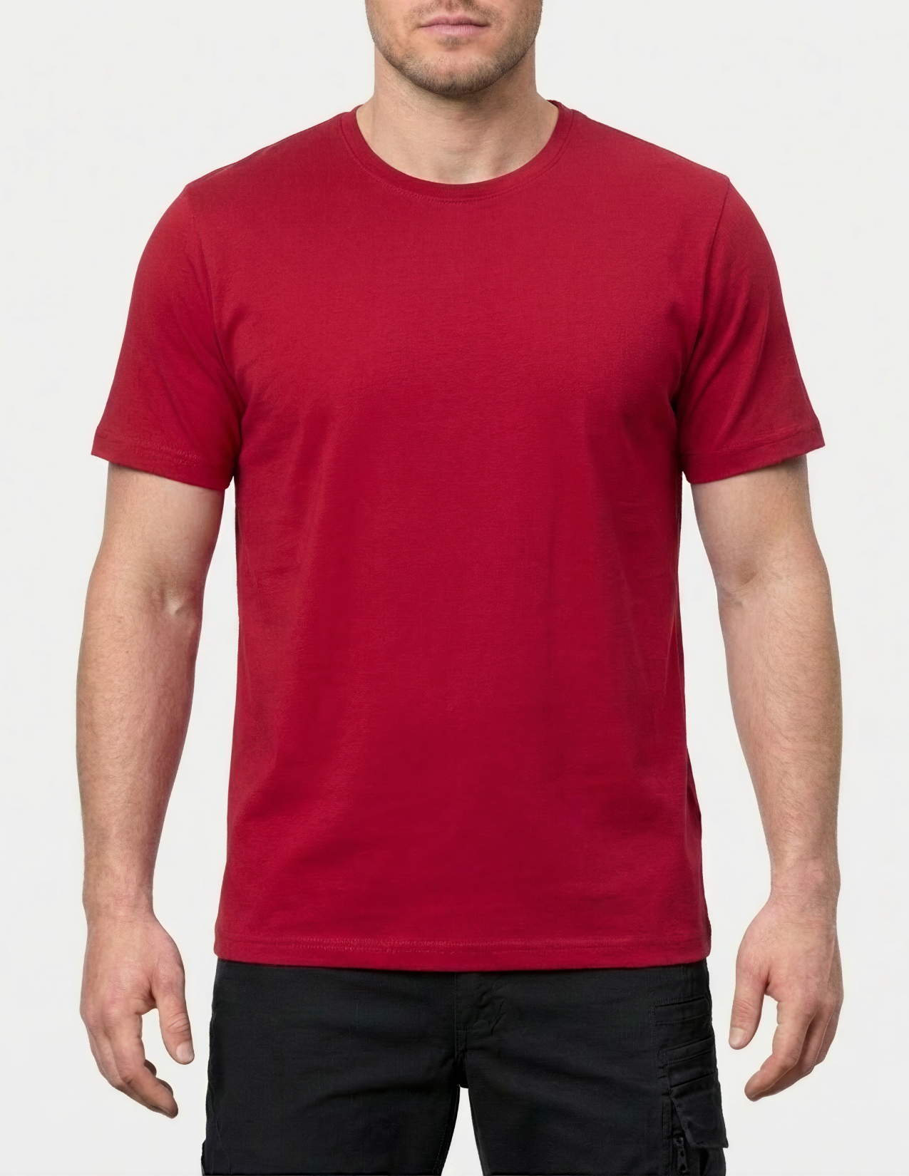 Person wearing a red t-shirt on a white background