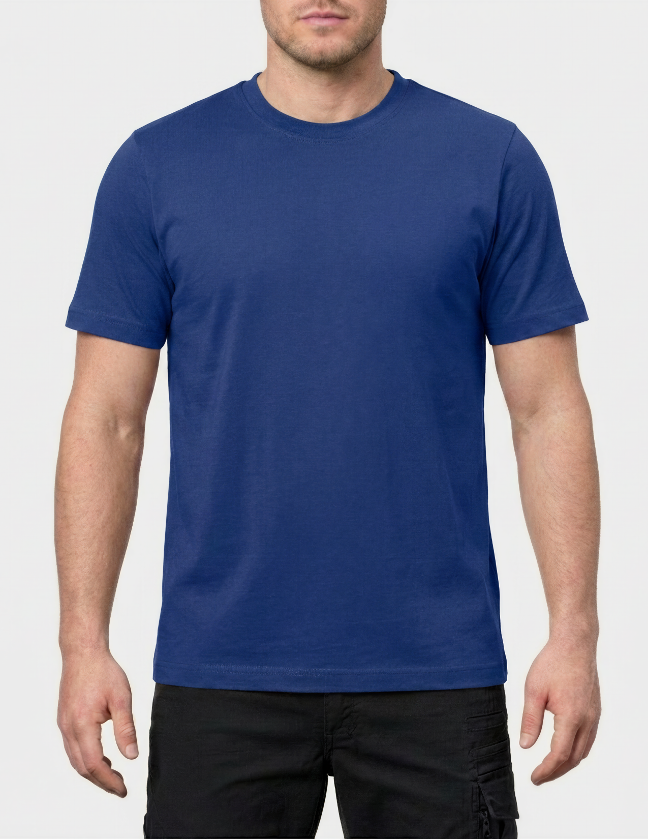 Person wearing a blue t-shirt on a white background
