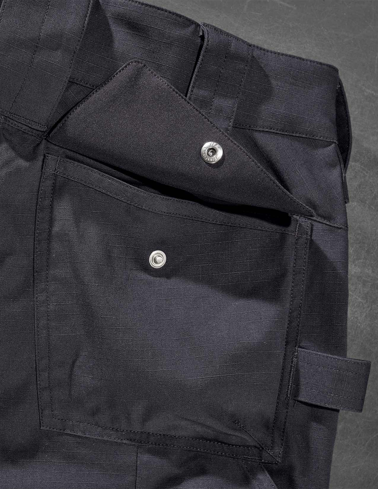 Close-up of a black back pocket with button details on a gray background