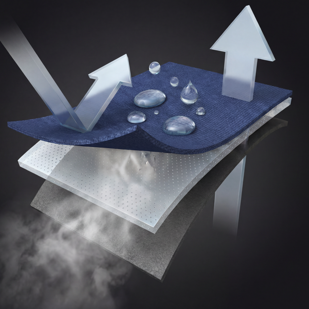 Diagram showing water droplets on a textured surface with arrows indicating direction.