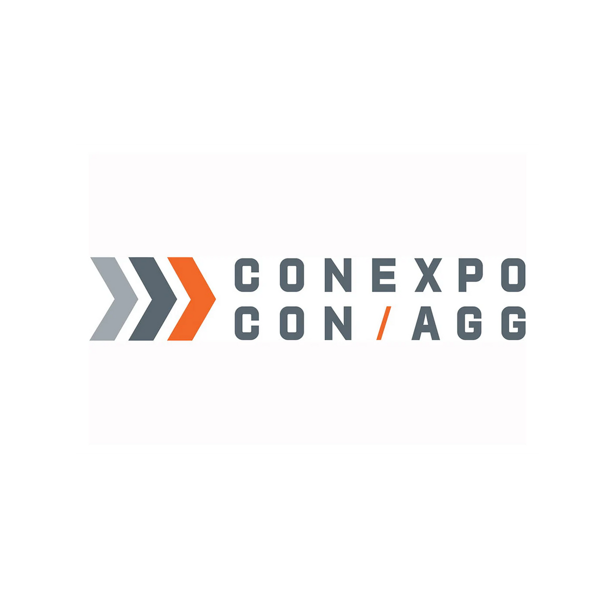Logo with three arrows pointing right, two gray and one orange, next to the text CONEXPO CON/AGG in gray, with an orange slash between CON and AGG, all on a white background.