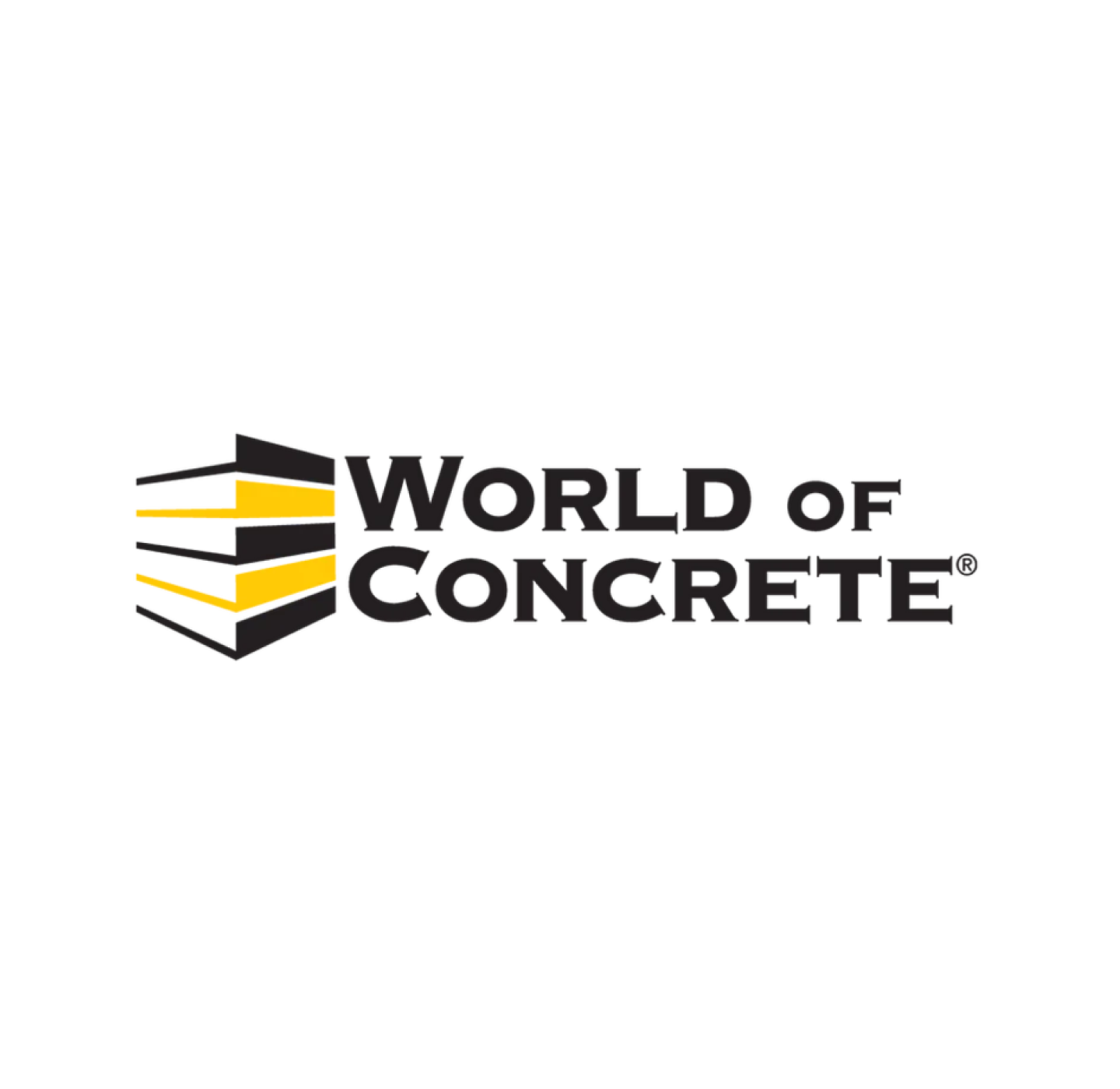 World of Concrete logo with bold black text and a yellow, black, and white abstract design resembling stacked slabs or a building on the left side.